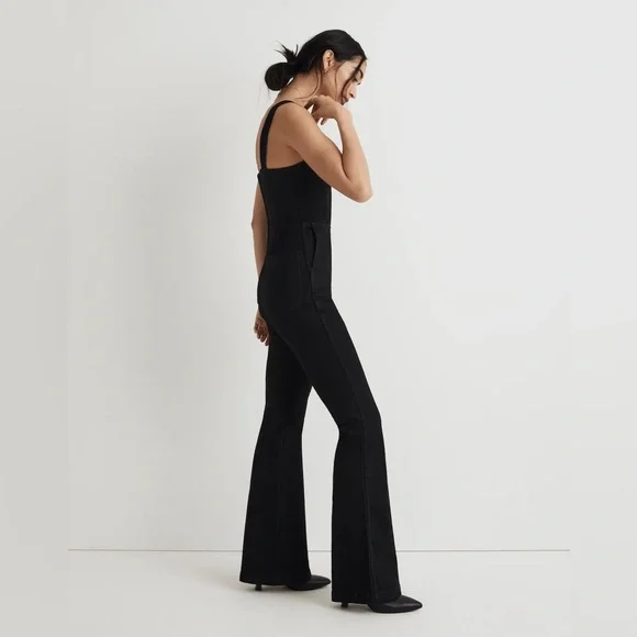 Madewell NO192 Denim Black Flare-Leg Jumpsuit in Bonner Wash Size 10 - Picture 3 of 7